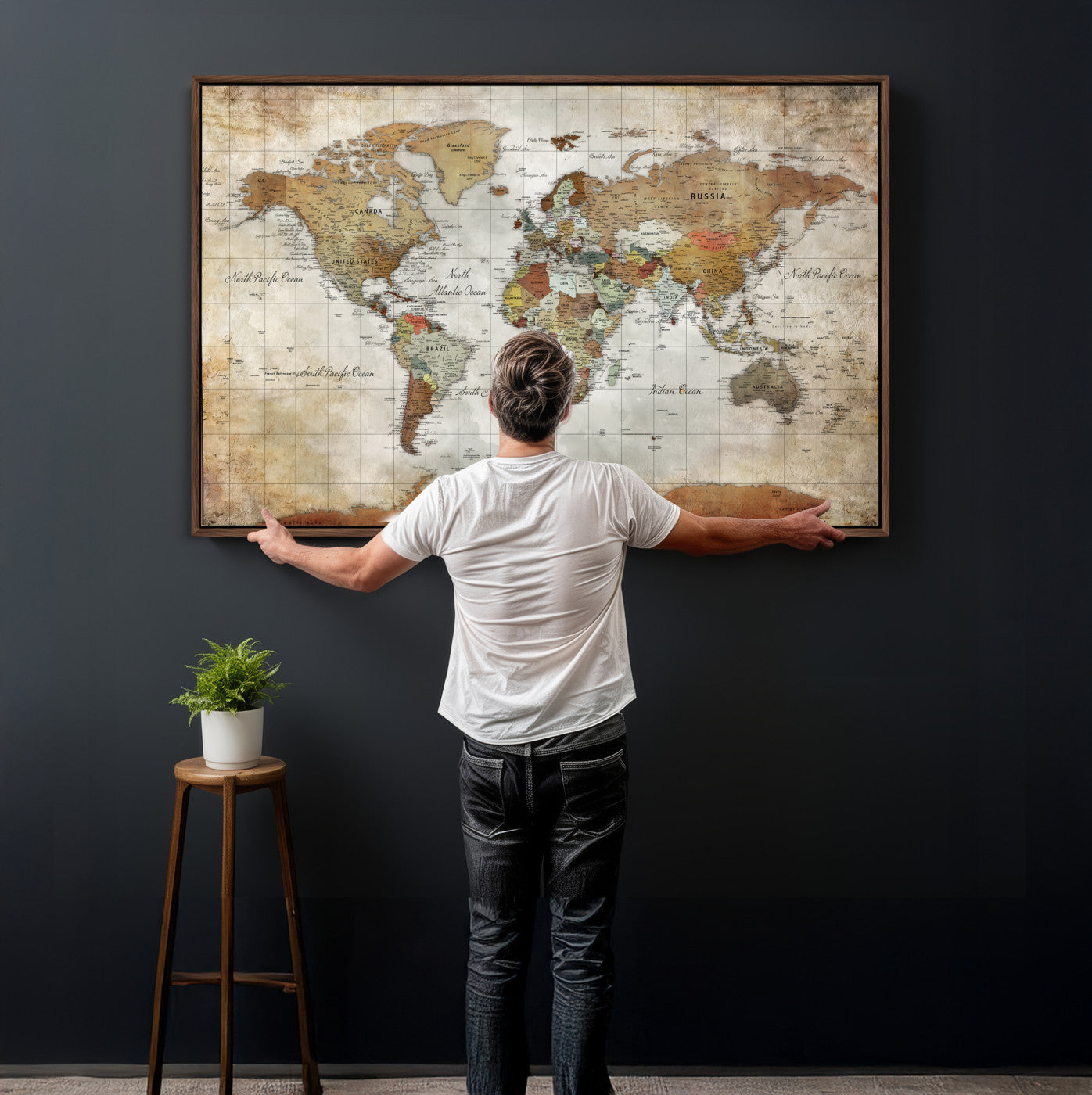 World Map Wall Art Canvas Print, Modern Decorative Framed Map Artwork Prints for Living Room, Office, Bedroom Wall Decor