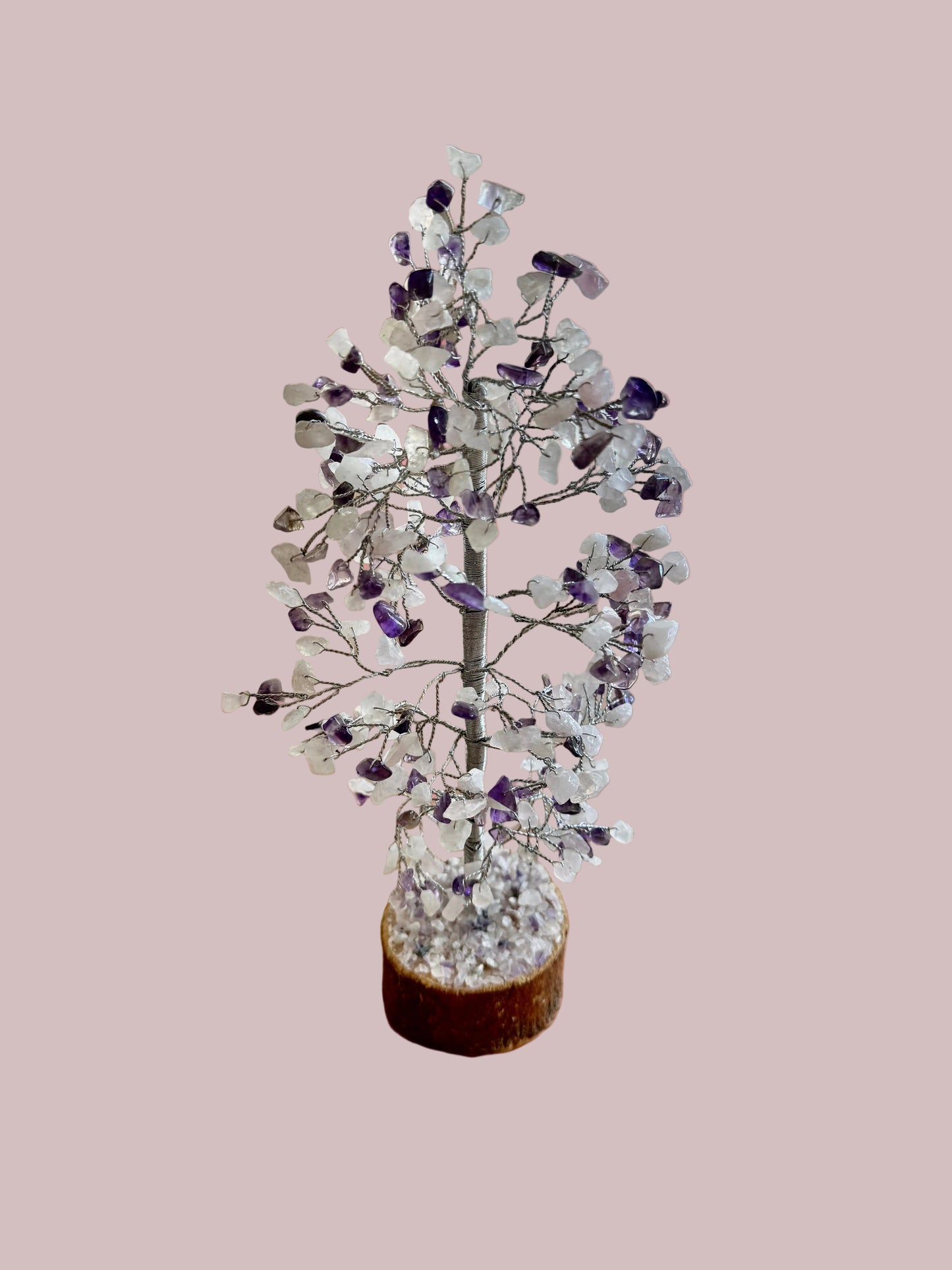 Amethyst and White Quartz 11" Crystal Tree with Wooden Base