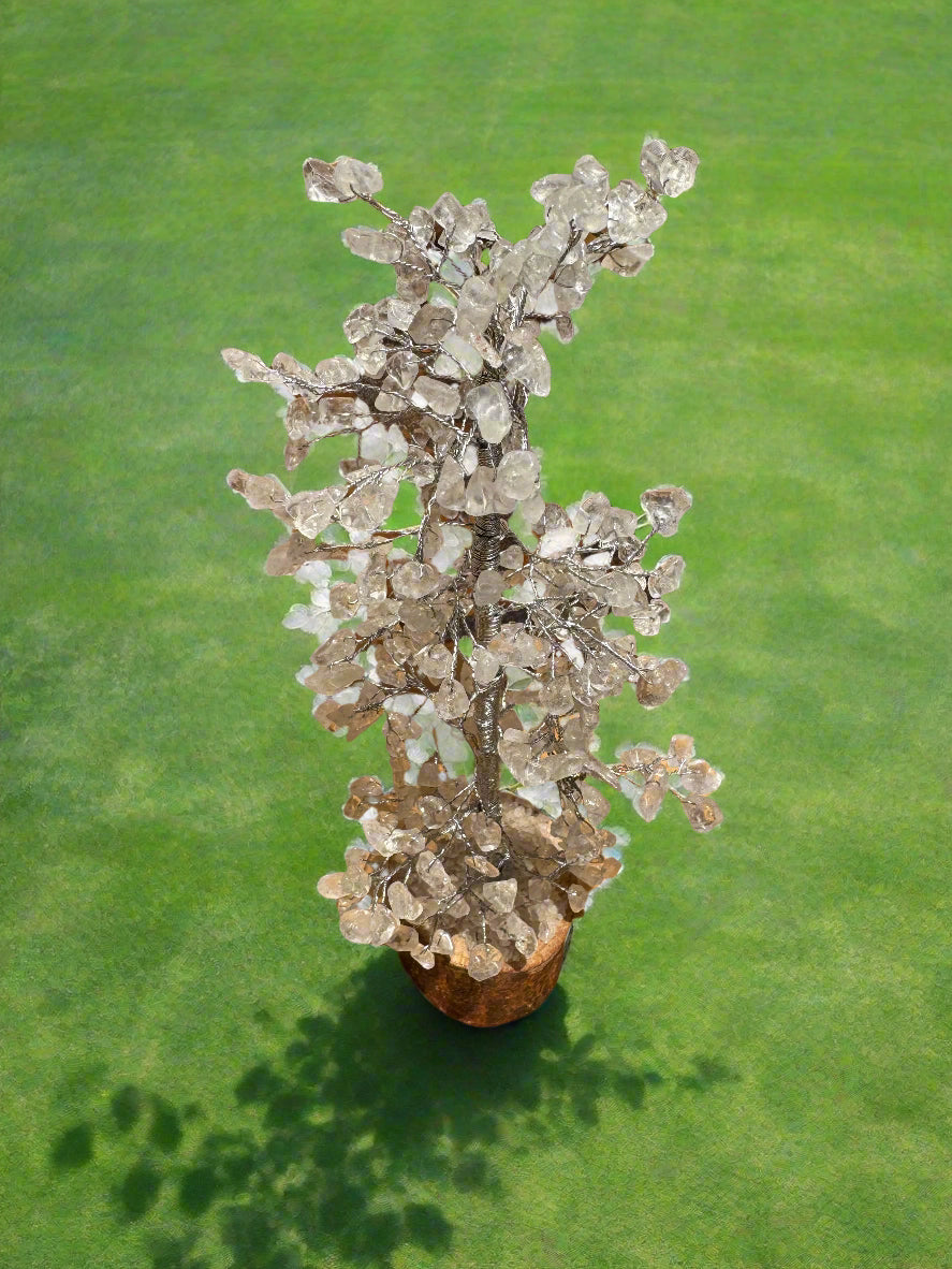 White Quartz Gemstone Tree 11" with Wooden Base