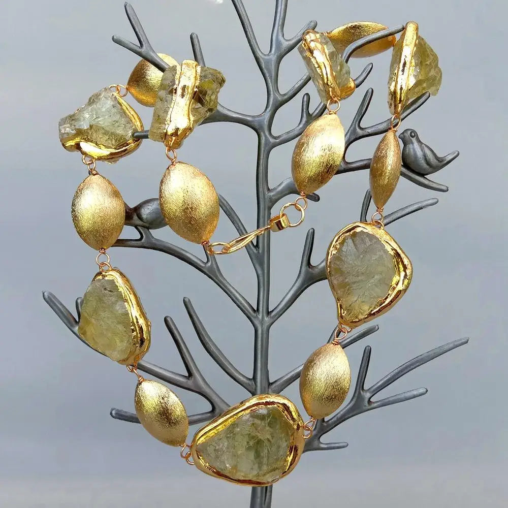 Natural Lemon Quartz Raw Crystal Necklace with Gold Plated Accents