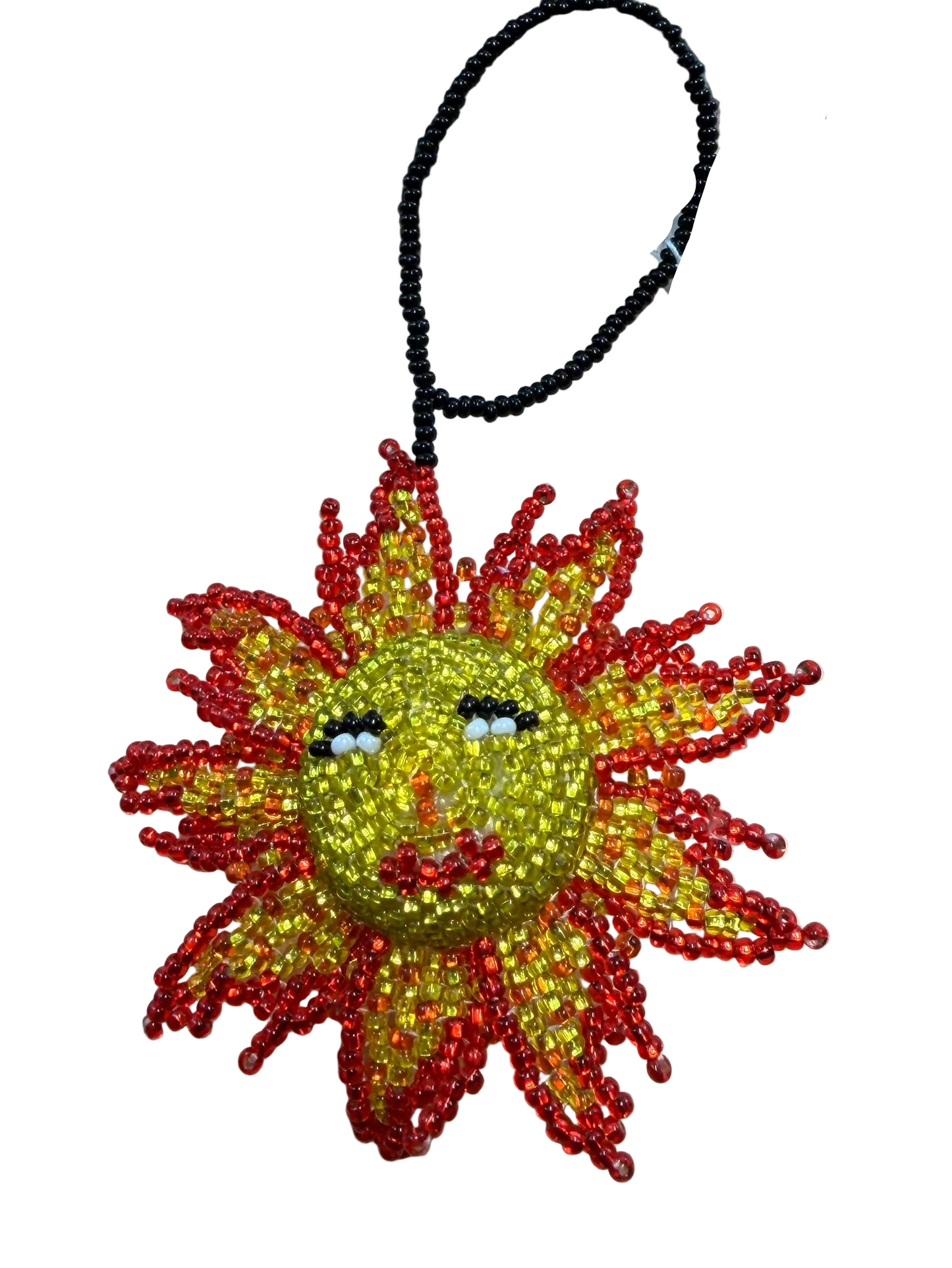 Decorative sun ornament made of red and yellow beads