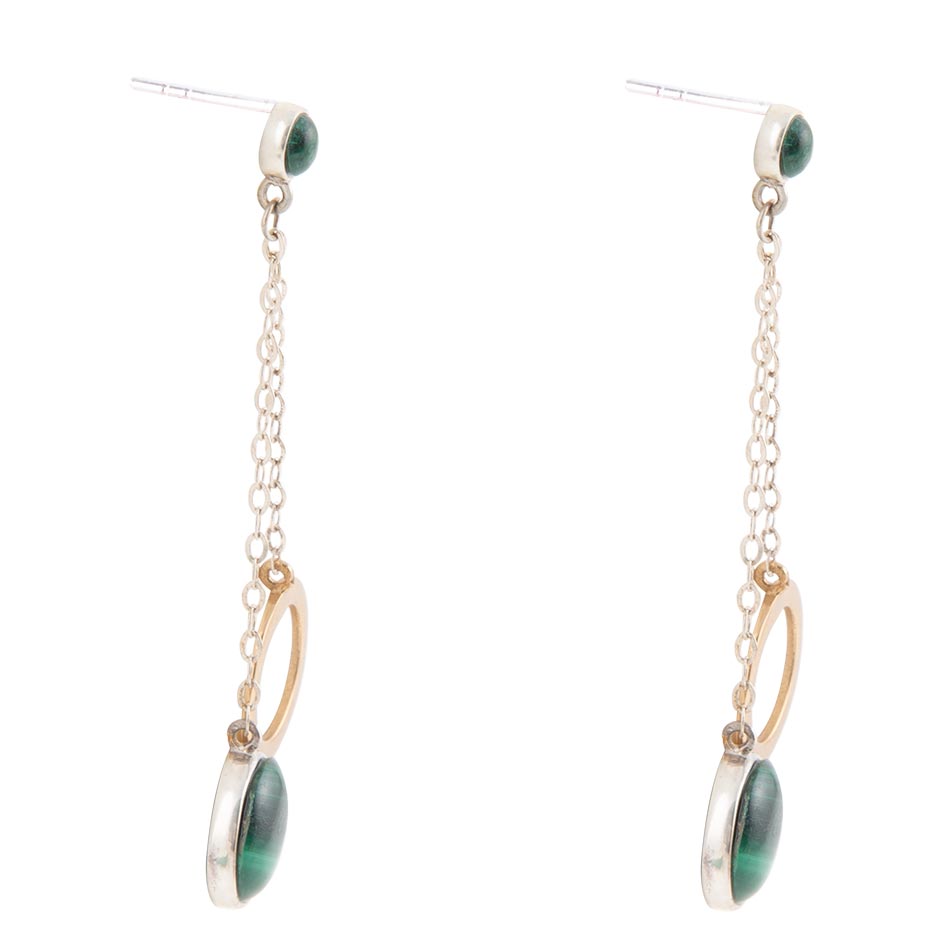 Malachite & Two-Tone Sterling Silver and Bronze Circle Dangle Earrings