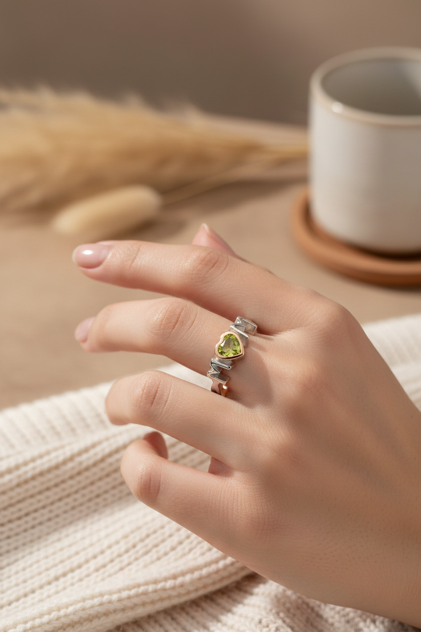 Model wearing genuine peridot heart Mom ring in two-tone sterling silver