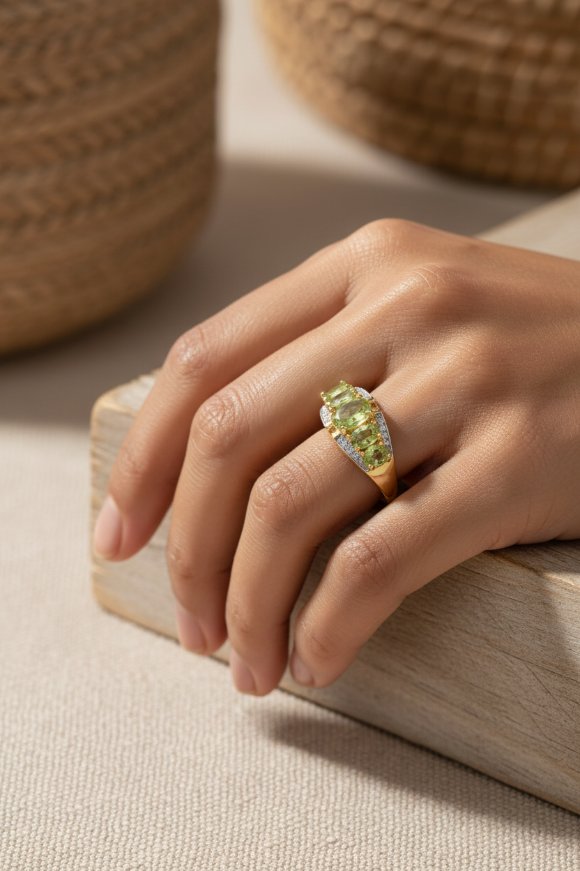Latina model wearing genuine peridot and diamond graduated ring in 18K gold plated sterling silver