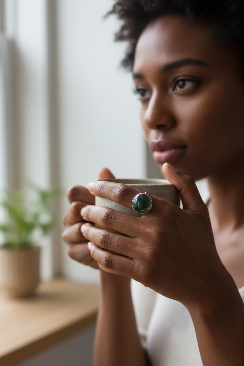 African American woman wearing a sterling silver round moss agate ring