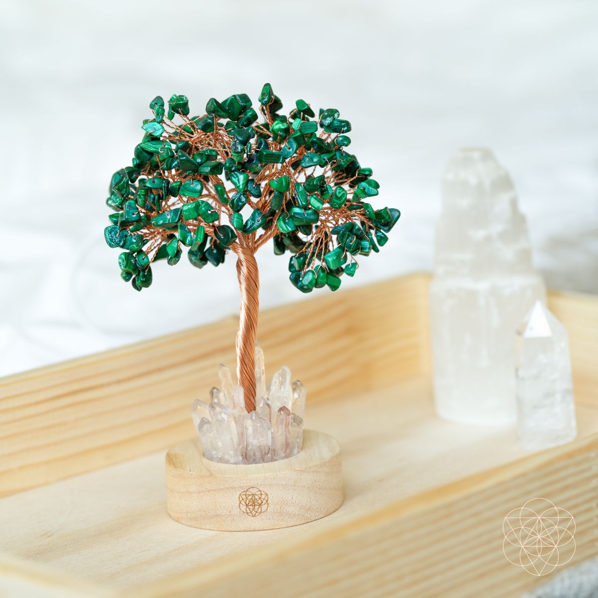 Malachite & Clear Quartz Crystal Tree Lamp | Feng Shui Night Light
