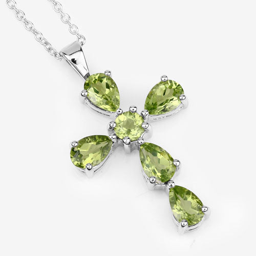 Genuine Peridot Cross Pendant Necklace in .925 Sterling Silver — 2.24 ctw
