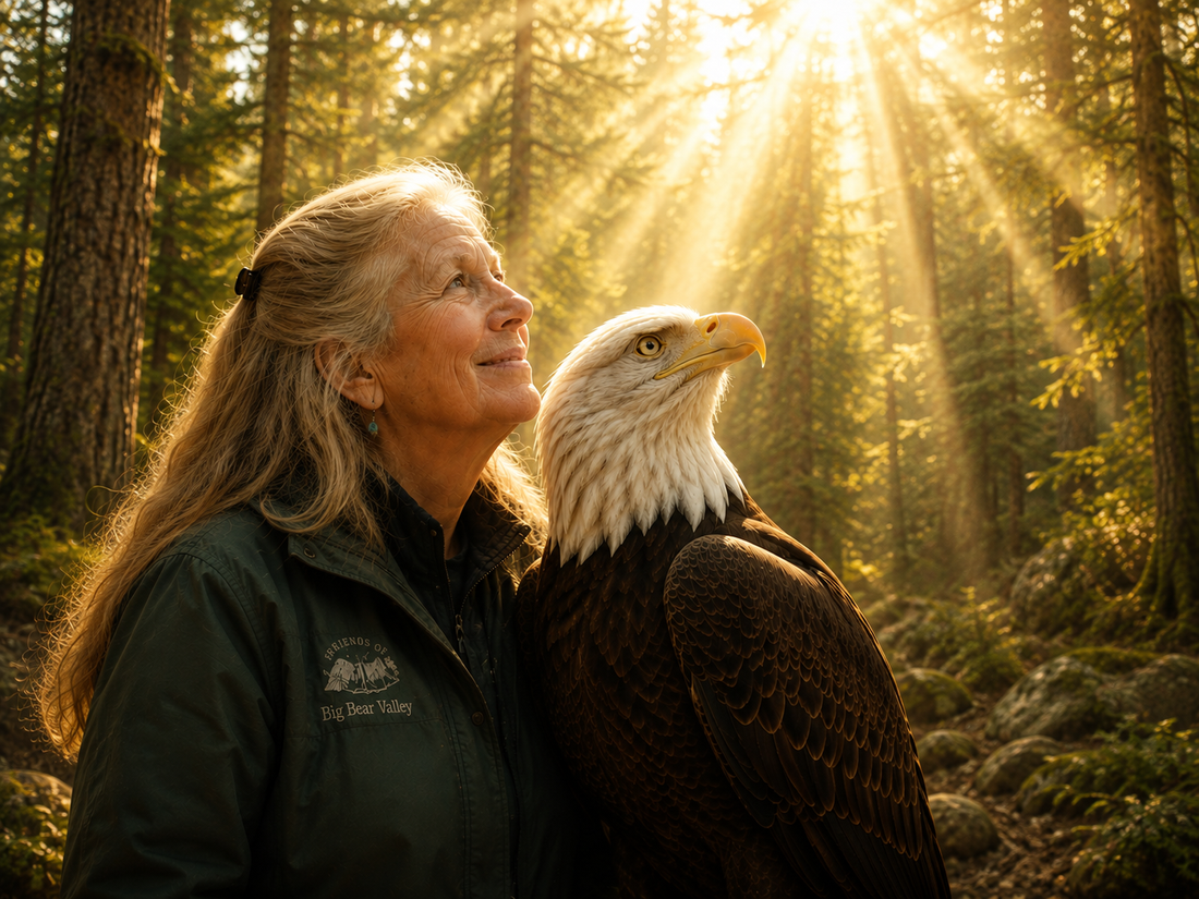 A bald eagle soaring freely over a mountain landscape, symbolizing the legacy of Jackie and Sandy Steers of Friends of Big Bear Valley