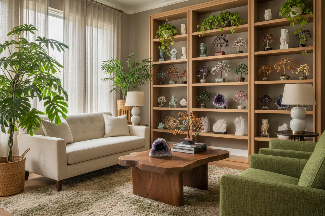 A living room tastefully designed with gemstones and indoor plants