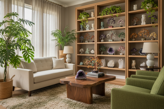 A living room tastefully designed with gemstones and indoor plants