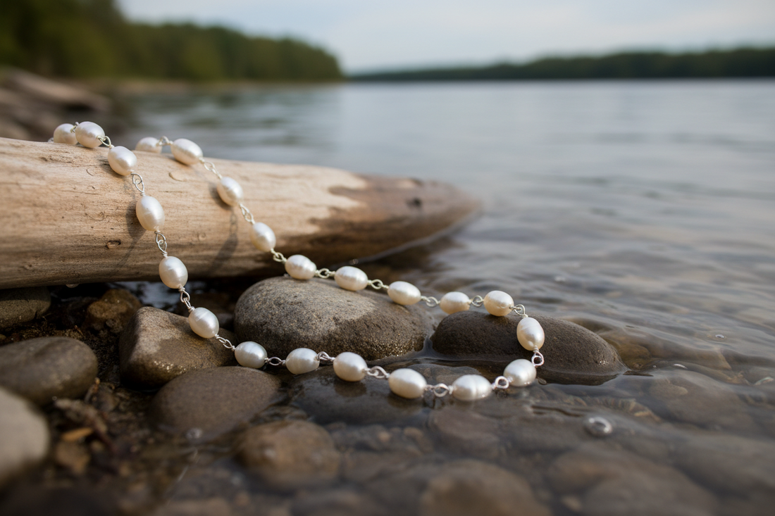 String of freshwater pearls along a lakeshore representing natural pearl formation