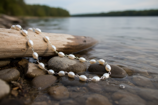 String of freshwater pearls along a lakeshore representing natural pearl formation