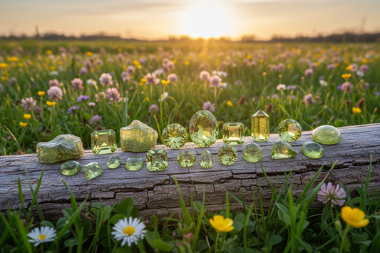Natural peridot stones of various shapes and sizes arranged in a spring meadow with sunlight in the background