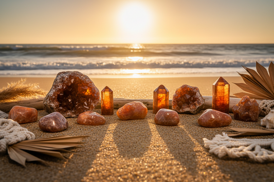 Natural sunstone gemstones on a sun-lit beach, glowing with warm golden light