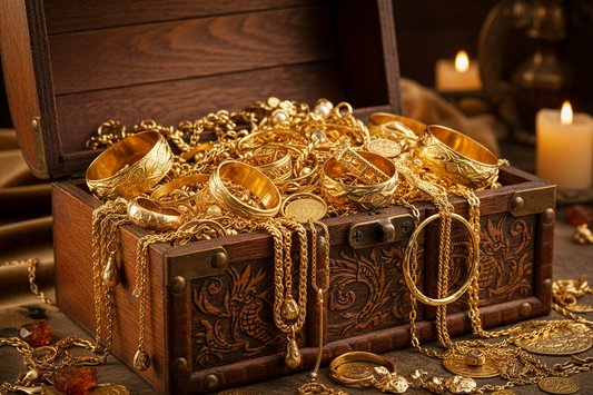 Different types of gold jewelry including gold filled, gold plated, vermeil, and PVD pieces displayed in a treasure chest