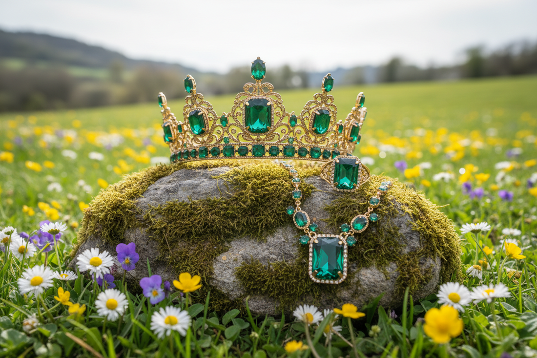 Emerald crown, necklace and ring displayed on natural rock surface