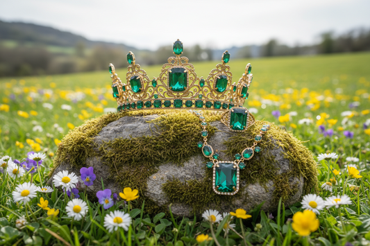 Emerald crown, necklace and ring displayed on natural rock surface