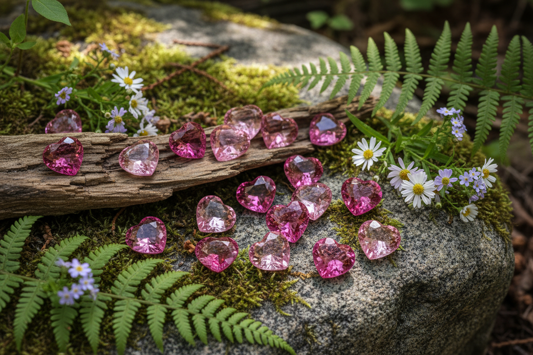 Heart-shaped pink tourmaline semi-precious stones among ferns and daisies on a stone
