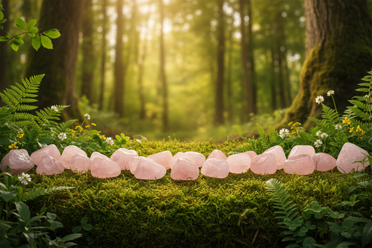 Rose quartz gemstones lined up among moss and fern in a a forest