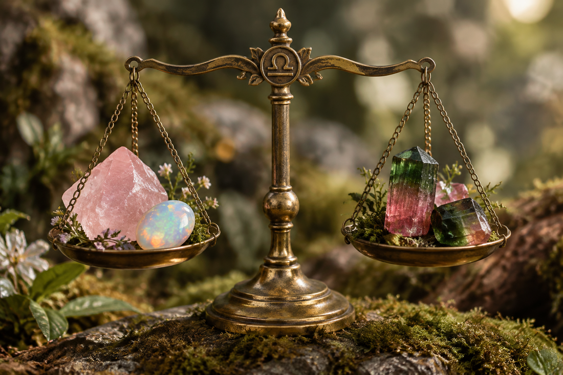 Rose quartz, opal, and tourmaline arranged on a Libra scale