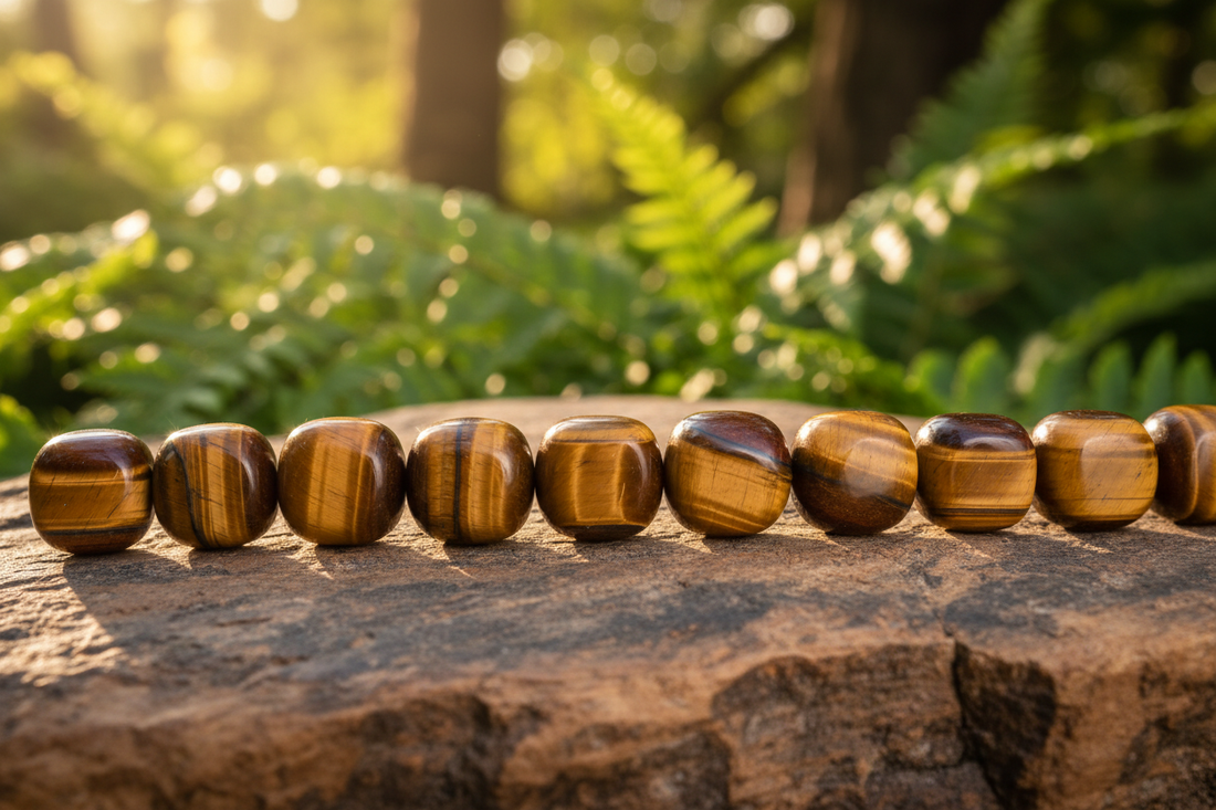 Tiger Eye Gemstones lined up on a tree stump in a forest