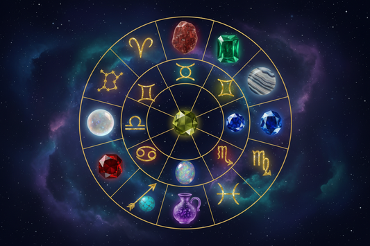 Twelve zodiac signs and their corresponding gemstones illustrated against a starry night sky