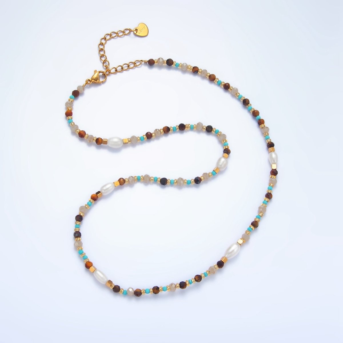 Turquoise, Tiger Eye & Pearl Irregular Bead Necklace – 14k Gold Filled