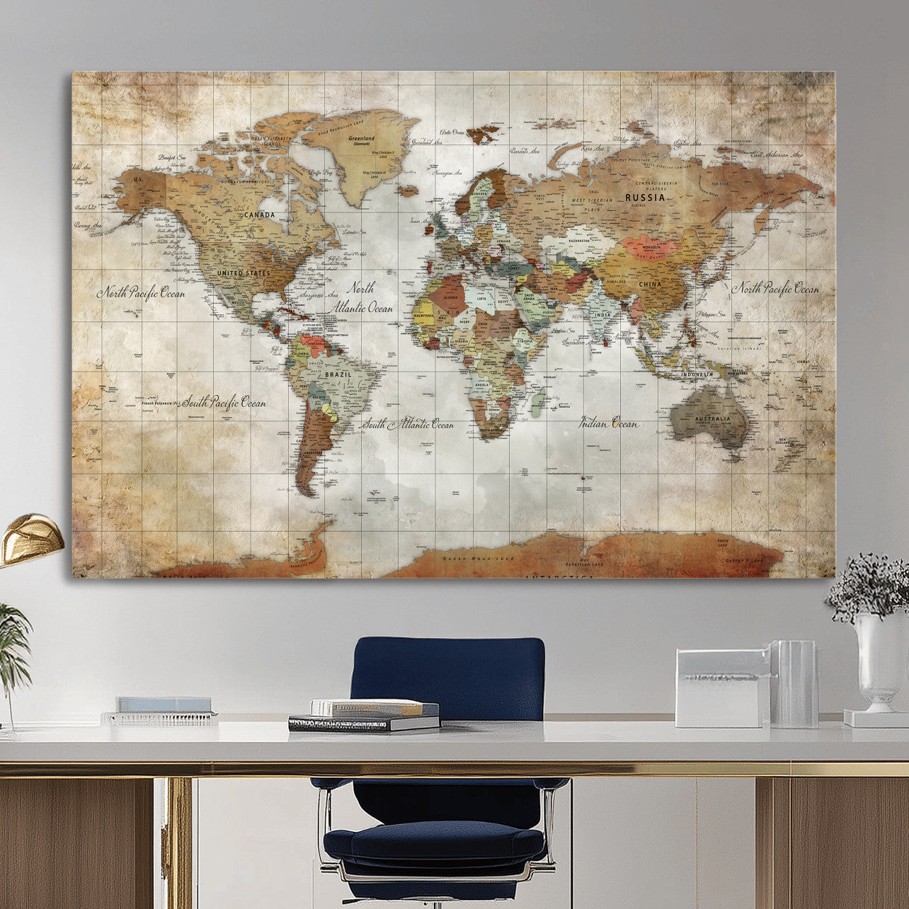 World Map Wall Art Canvas Print, Modern Decorative Framed Map Artwork Prints for Living Room, Office, Bedroom Wall Decor