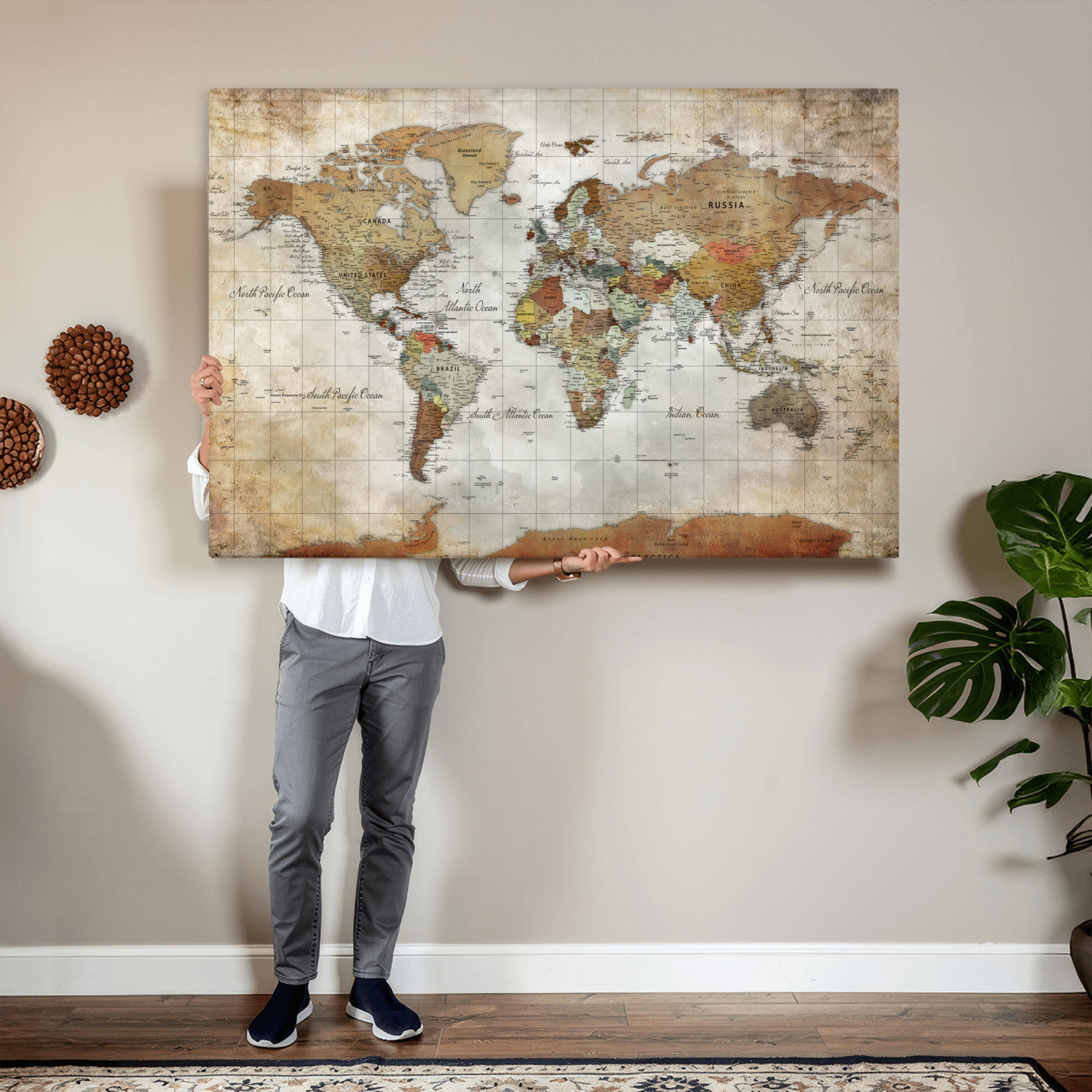 World Map Wall Art Canvas Print, Modern Decorative Framed Map Artwork Prints for Living Room, Office, Bedroom Wall Decor
