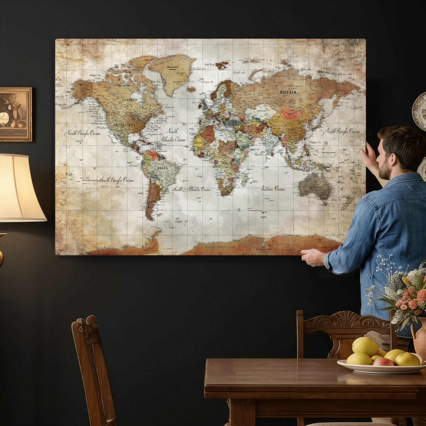 World Map Wall Art Canvas Print, Modern Decorative Framed Map Artwork Prints for Living Room, Office, Bedroom Wall Decor
