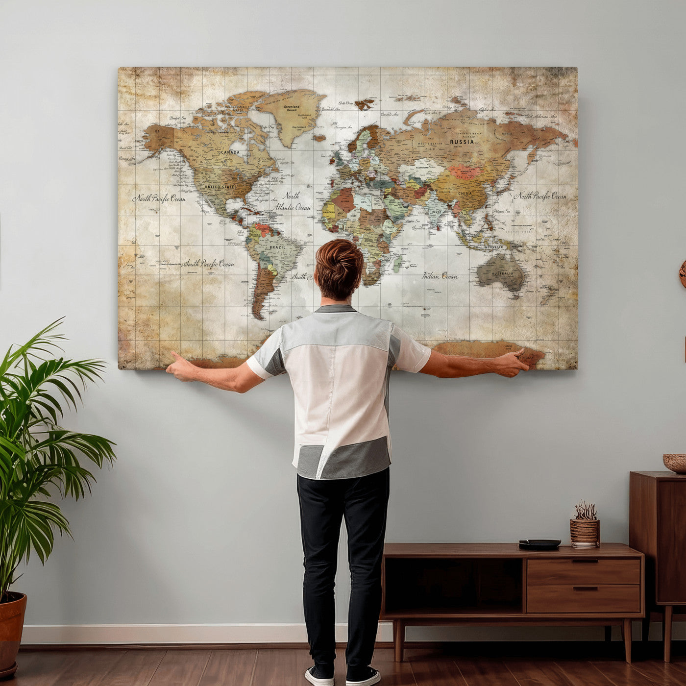 World Map Wall Art Canvas Print, Modern Decorative Framed Map Artwork Prints for Living Room, Office, Bedroom Wall Decor