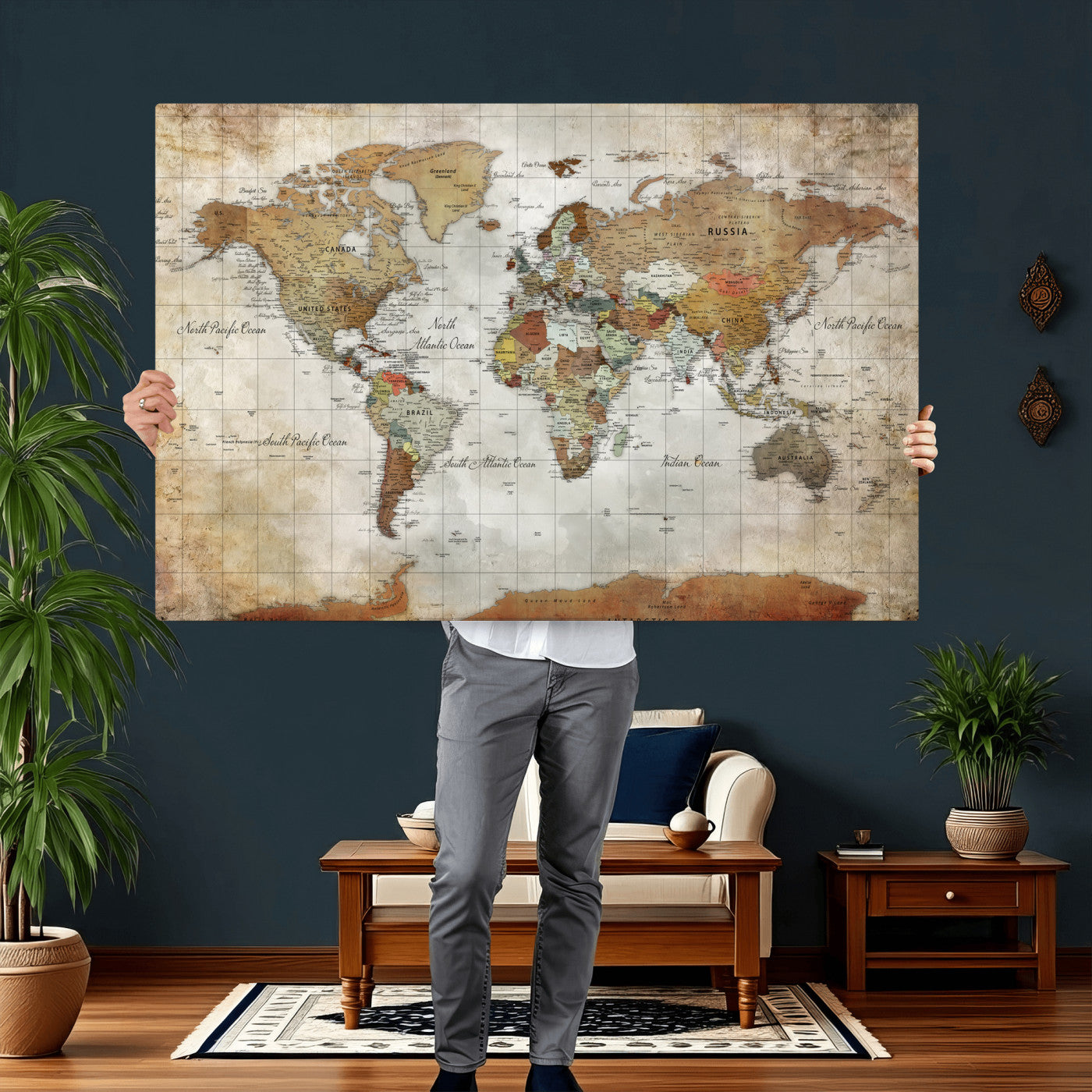 World Map Wall Art Canvas Print, Modern Decorative Framed Map Artwork Prints for Living Room, Office, Bedroom Wall Decor