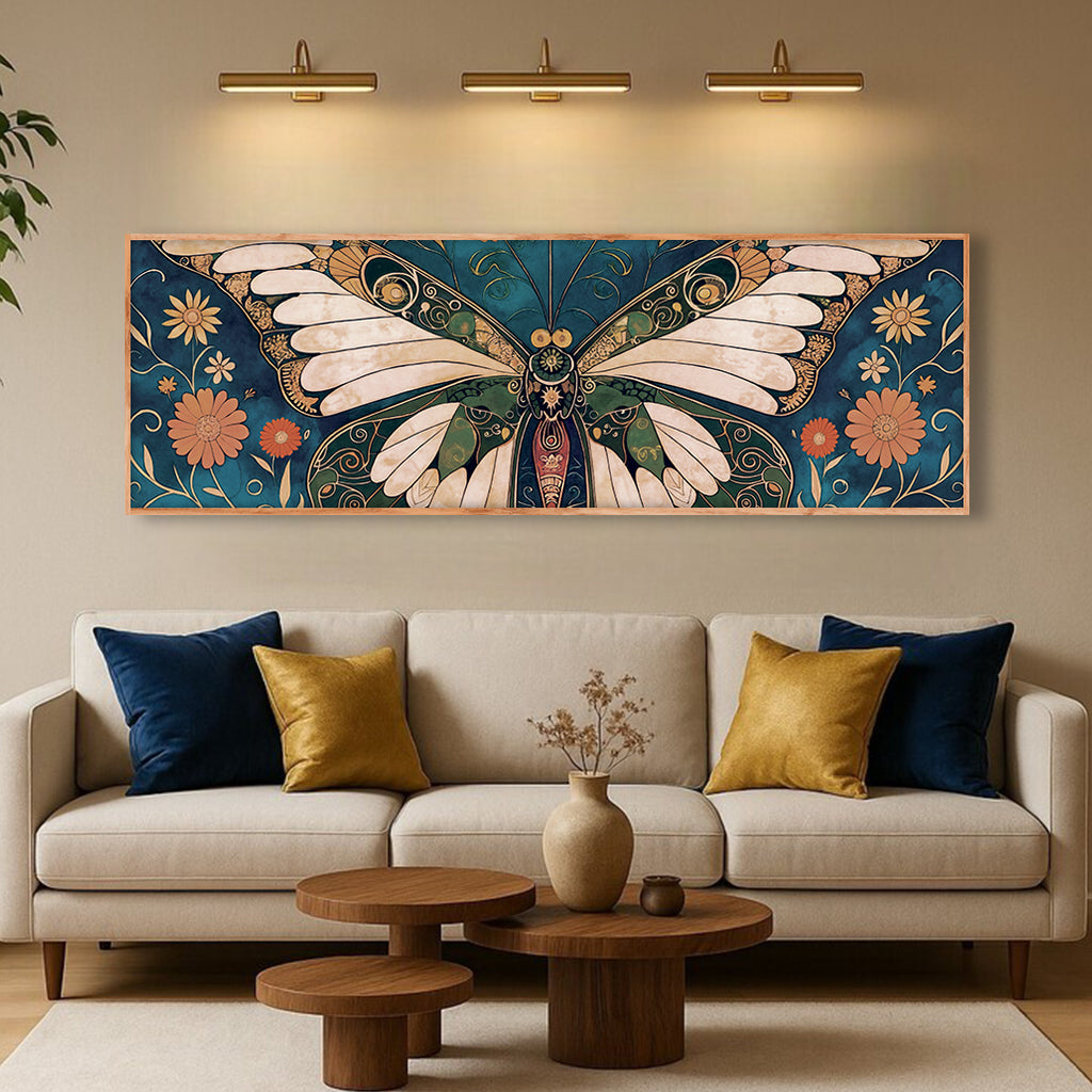 Decorative butterfly painting above a beige sofa with colorful pillows in a living room.