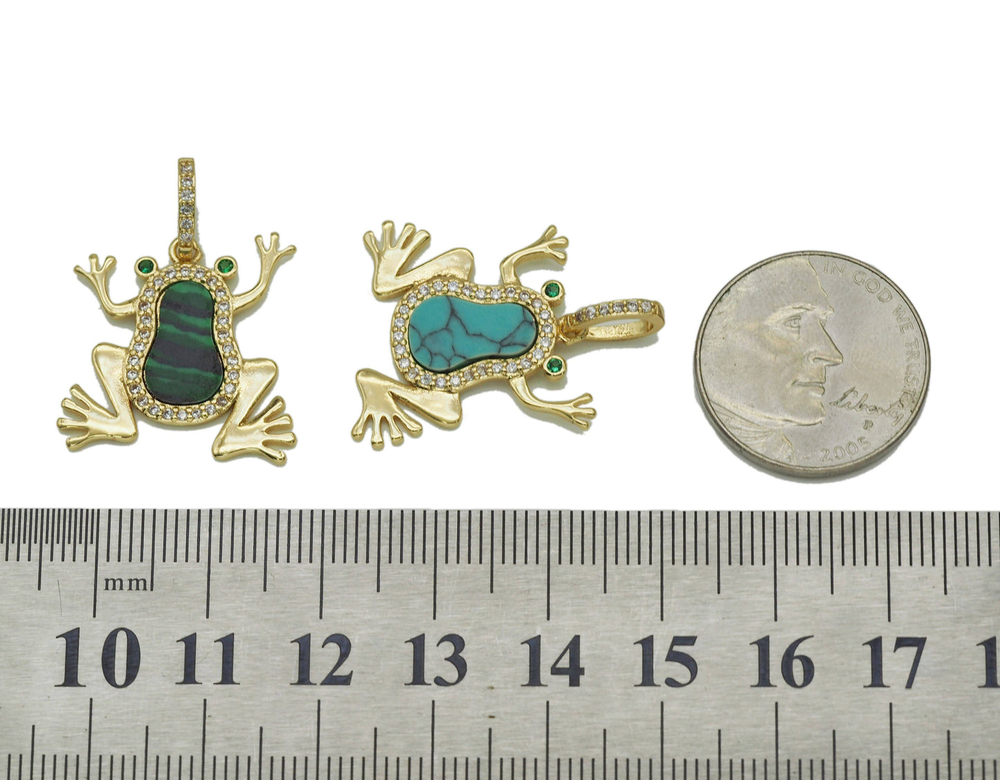 CZ Frog Charm Pendant | Malachite & Turquoise | Gold-Filled Brass