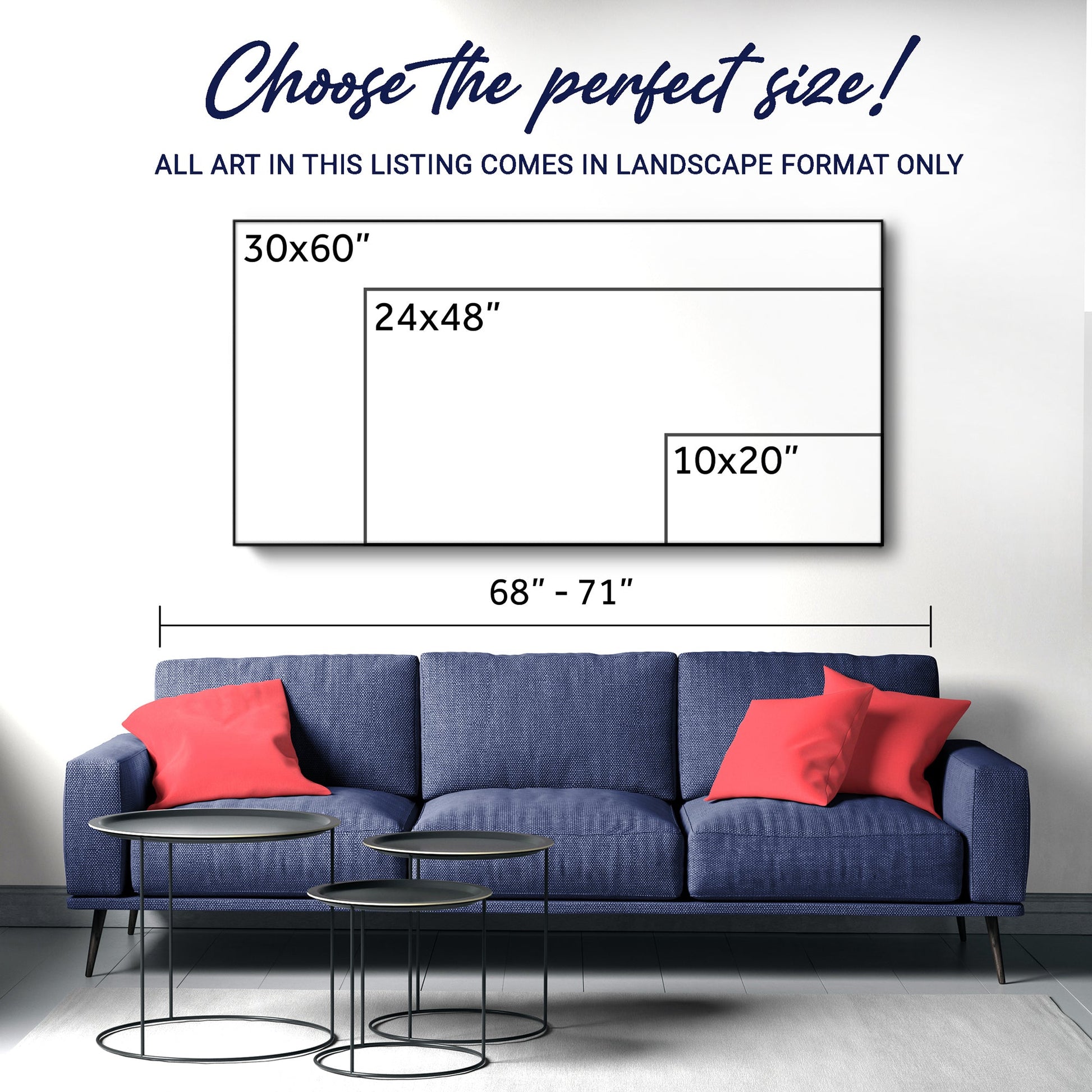 Sofa with red pillows and small tables next to a wall with framed art size chart.