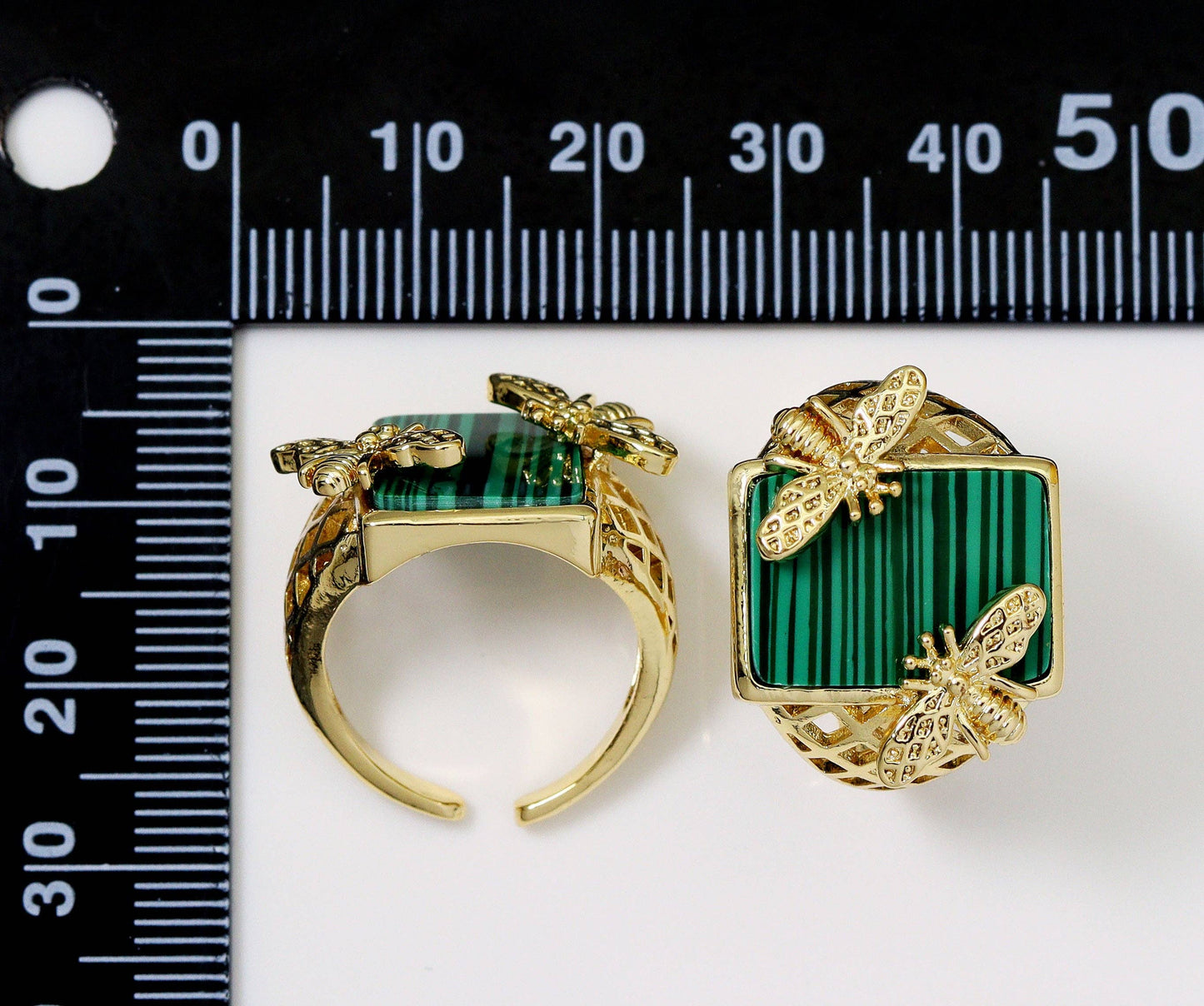 Gold Bee Malachite Rectangle Ring | 14k Gold-Filled Statement Ring