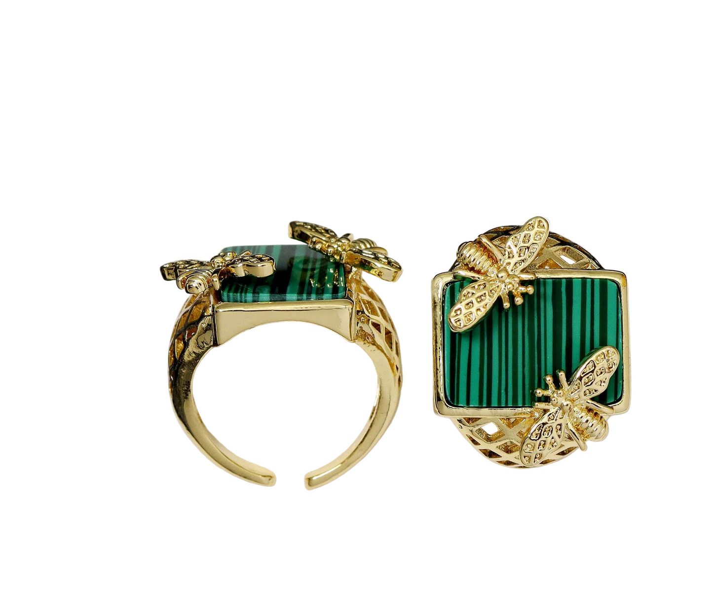 Gold Bee Malachite Rectangle Ring | 14k Gold-Filled Statement Ring