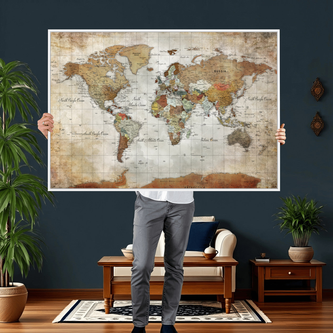 World Map Wall Art Canvas Print, Modern Decorative Framed Map Artwork Prints for Living Room, Office, Bedroom Wall Decor