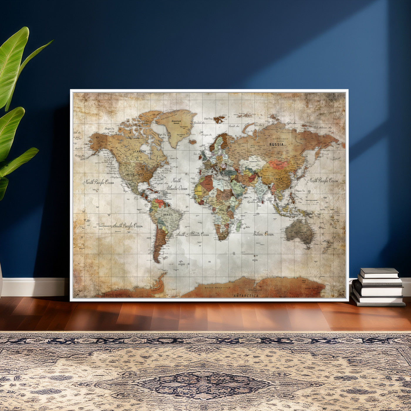 World Map Wall Art Canvas Print, Modern Decorative Framed Map Artwork Prints for Living Room, Office, Bedroom Wall Decor