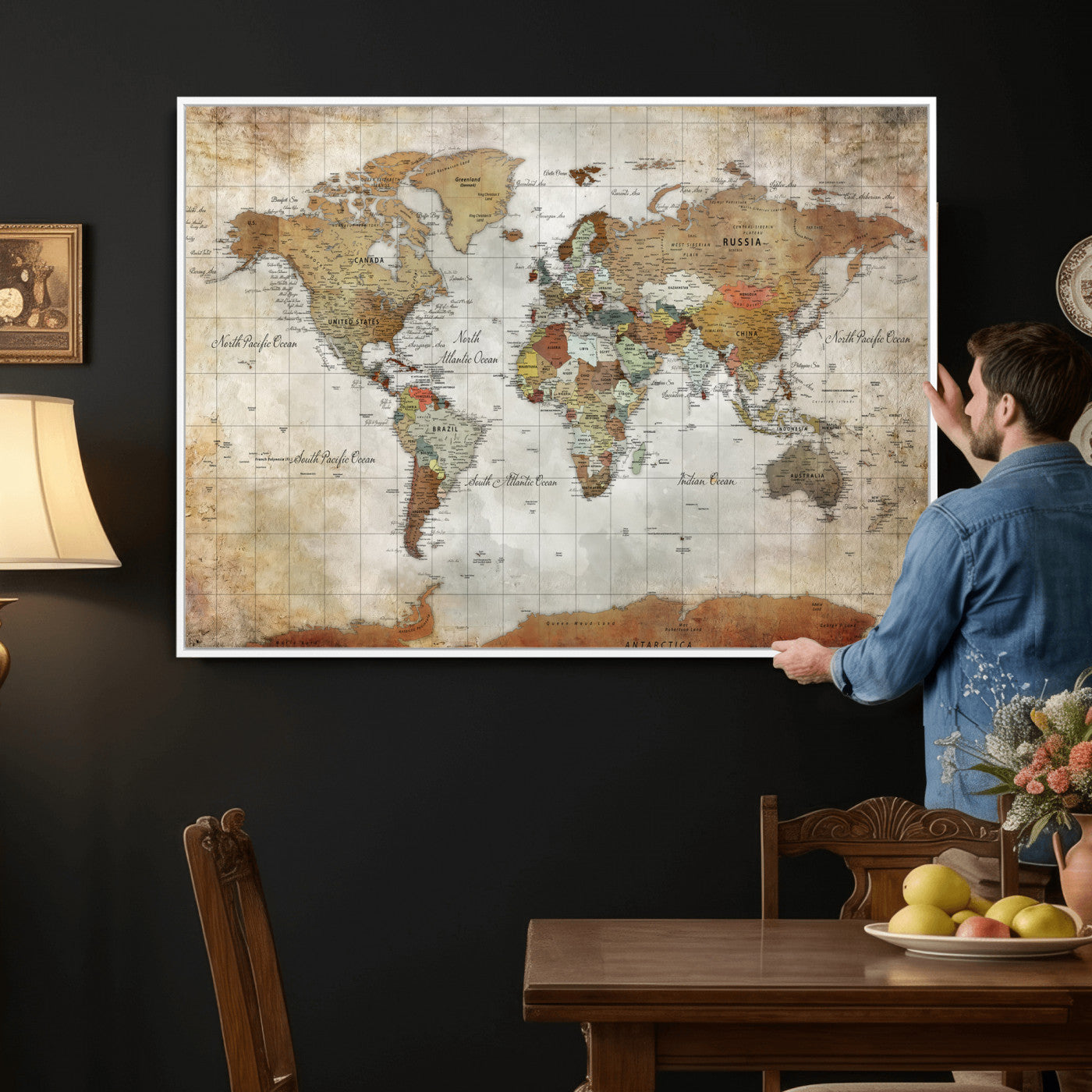 World Map Wall Art Canvas Print, Modern Decorative Framed Map Artwork Prints for Living Room, Office, Bedroom Wall Decor