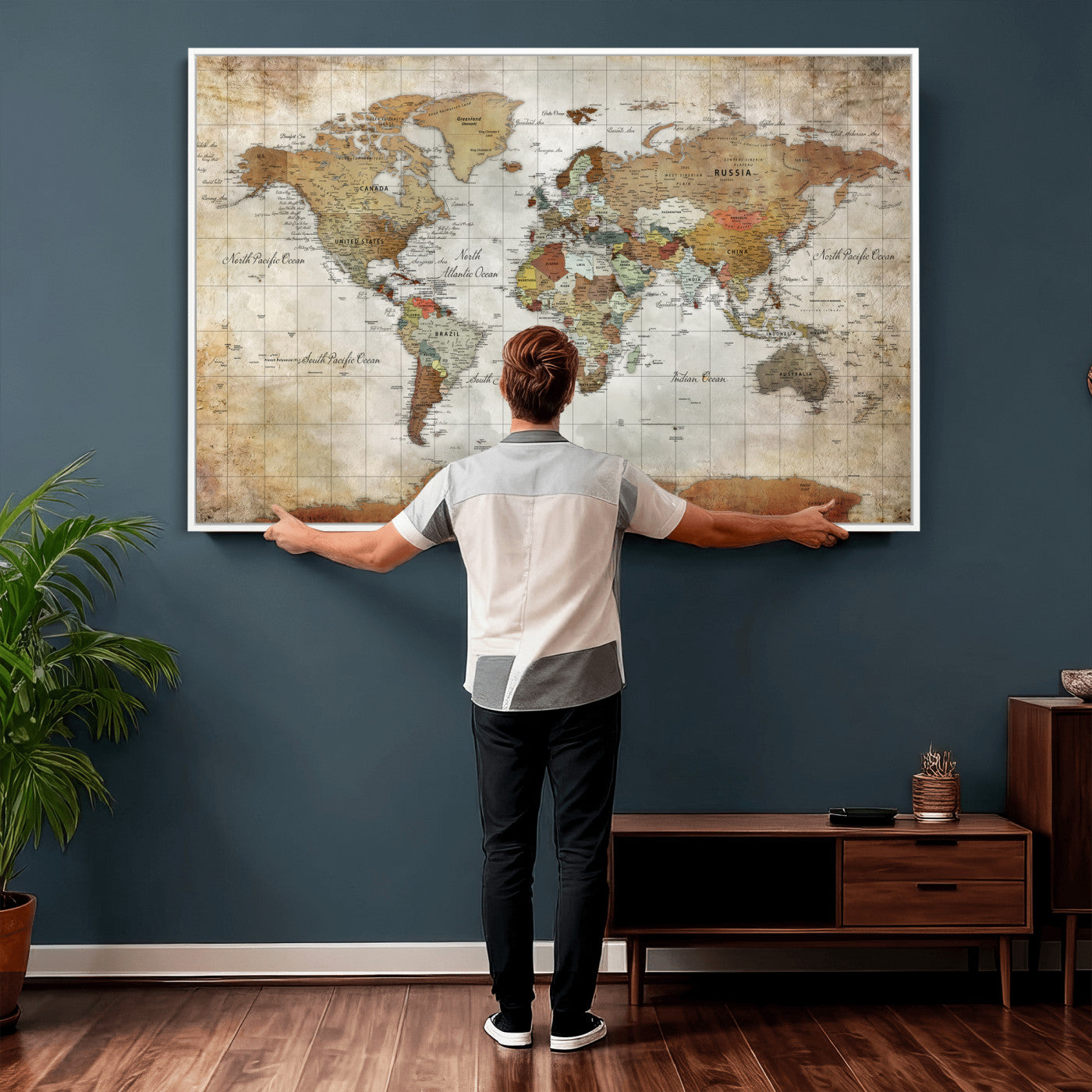 World Map Wall Art Canvas Print, Modern Decorative Framed Map Artwork Prints for Living Room, Office, Bedroom Wall Decor