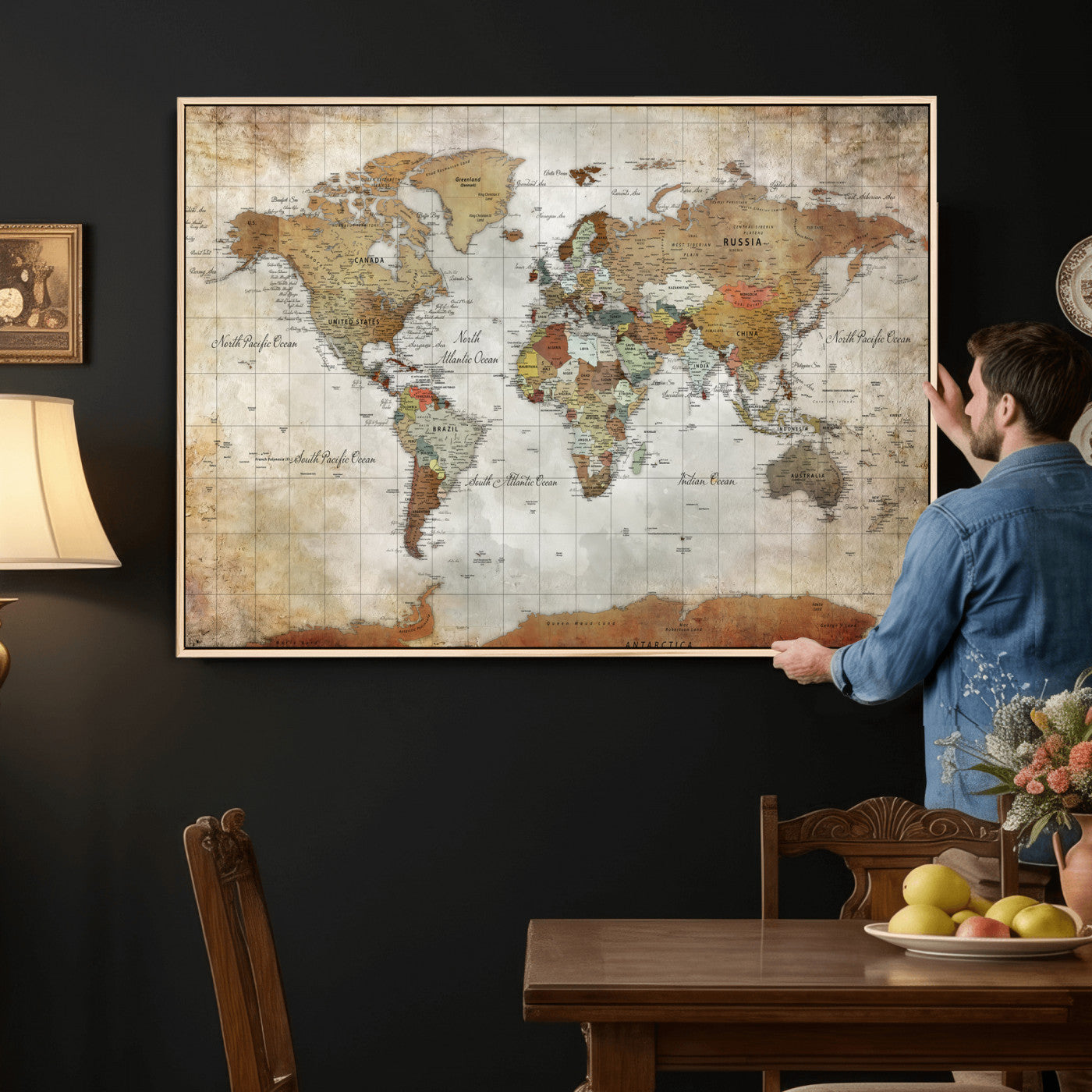 World Map Wall Art Canvas Print, Modern Decorative Framed Map Artwork Prints for Living Room, Office, Bedroom Wall Decor