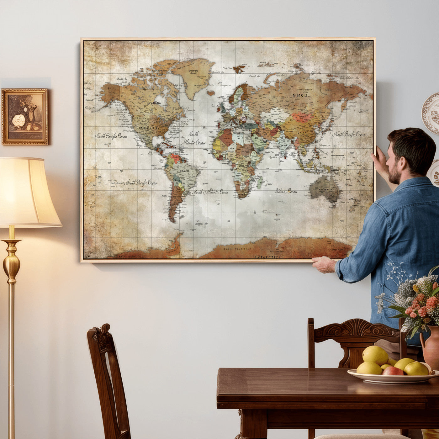 World Map Wall Art Canvas Print, Modern Decorative Framed Map Artwork Prints for Living Room, Office, Bedroom Wall Decor