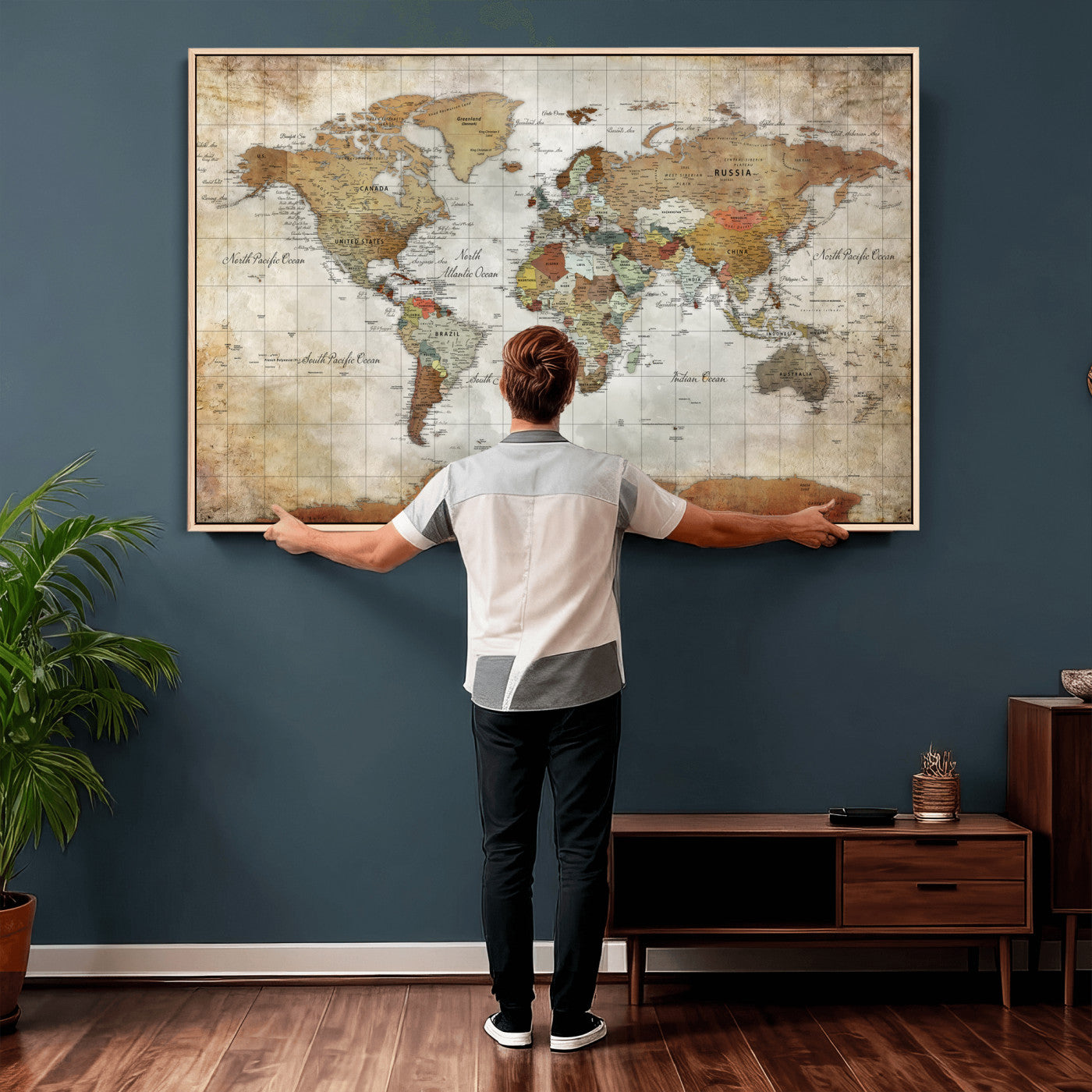 World Map Wall Art Canvas Print, Modern Decorative Framed Map Artwork Prints for Living Room, Office, Bedroom Wall Decor