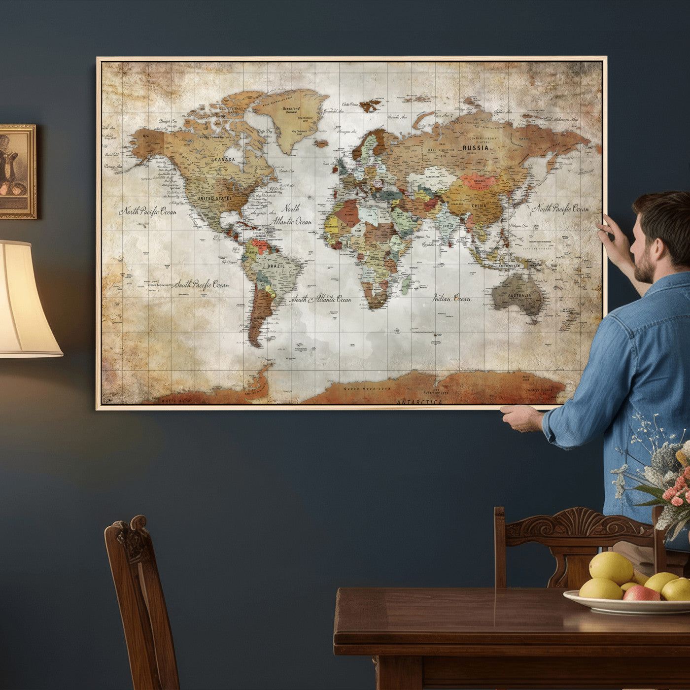 World Map Wall Art Canvas Print, Modern Decorative Framed Map Artwork Prints for Living Room, Office, Bedroom Wall Decor