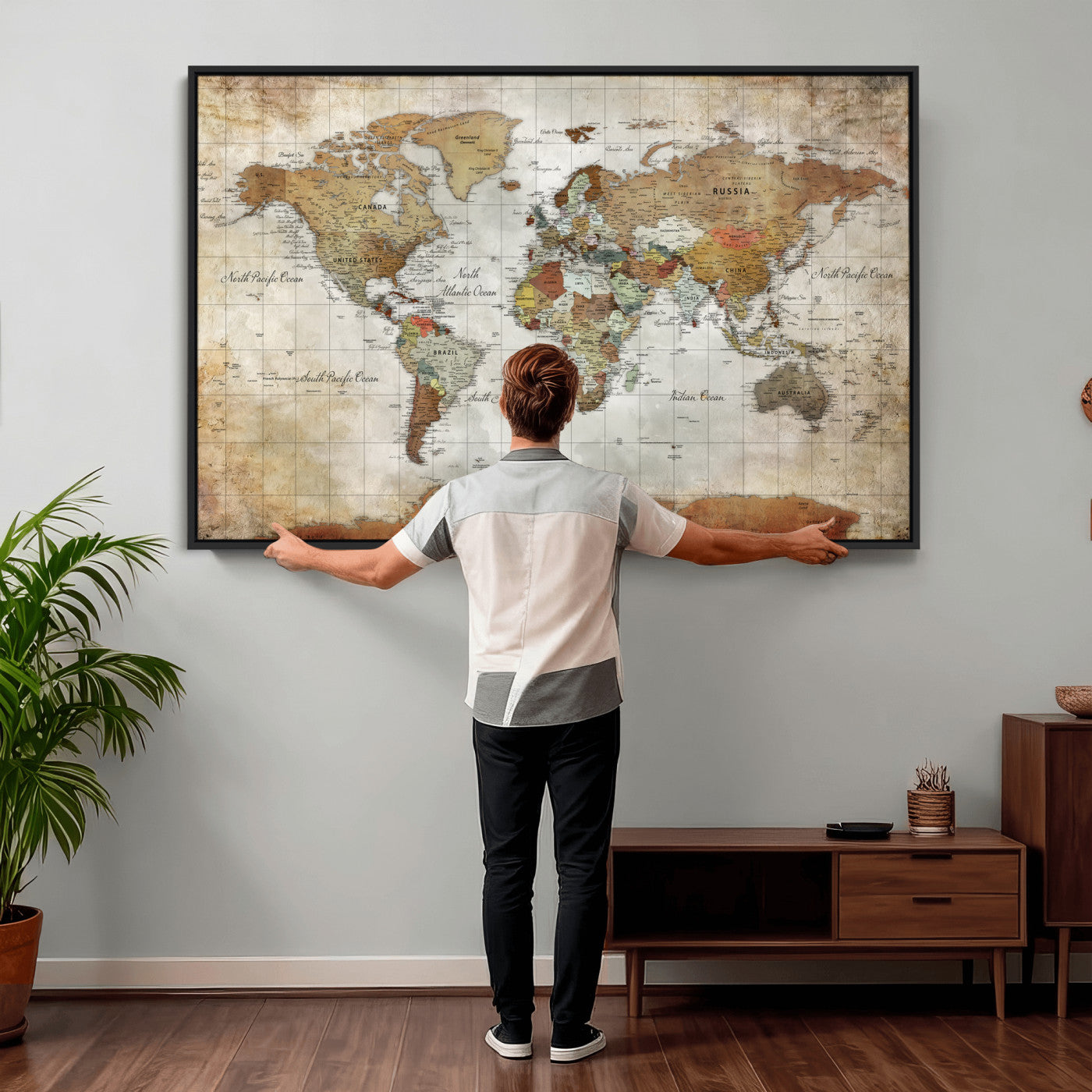 World Map Wall Art Canvas Print, Modern Decorative Framed Map Artwork Prints for Living Room, Office, Bedroom Wall Decor