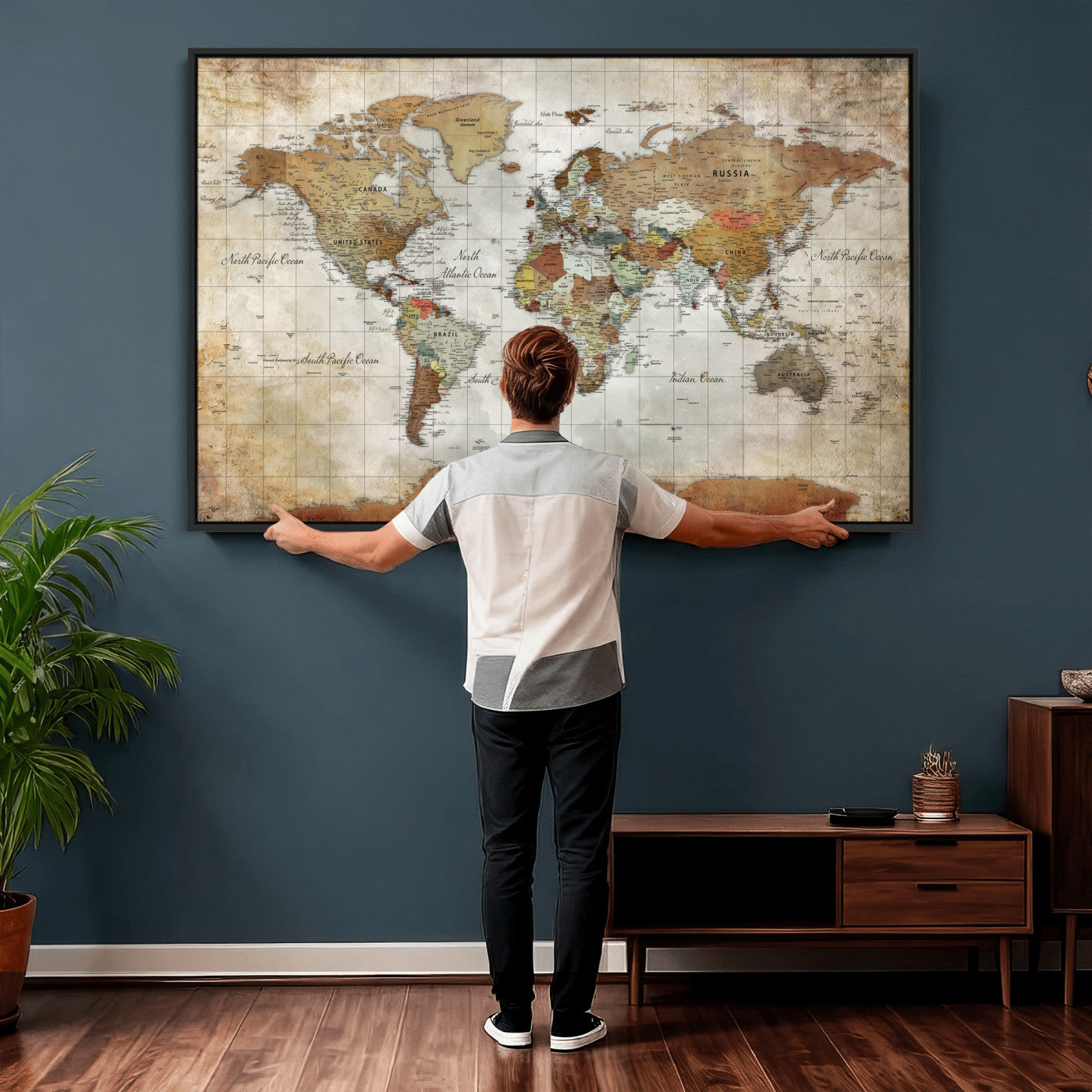 World Map Wall Art Canvas Print, Modern Decorative Framed Map Artwork Prints for Living Room, Office, Bedroom Wall Decor