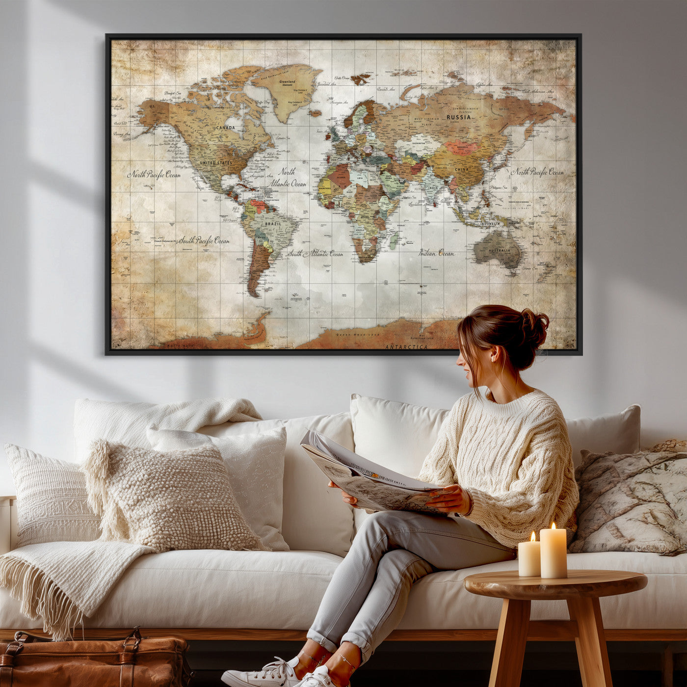 World Map Wall Art Canvas Print, Modern Decorative Framed Map Artwork Prints for Living Room, Office, Bedroom Wall Decor