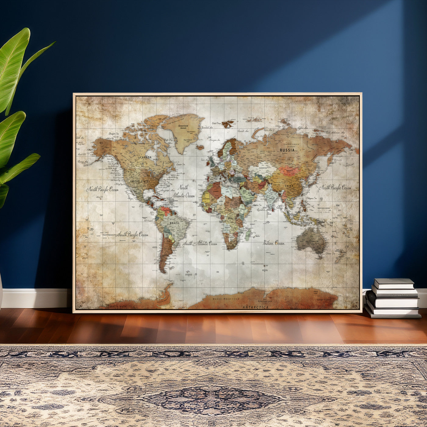 World Map Wall Art Canvas Print, Modern Decorative Framed Map Artwork Prints for Living Room, Office, Bedroom Wall Decor