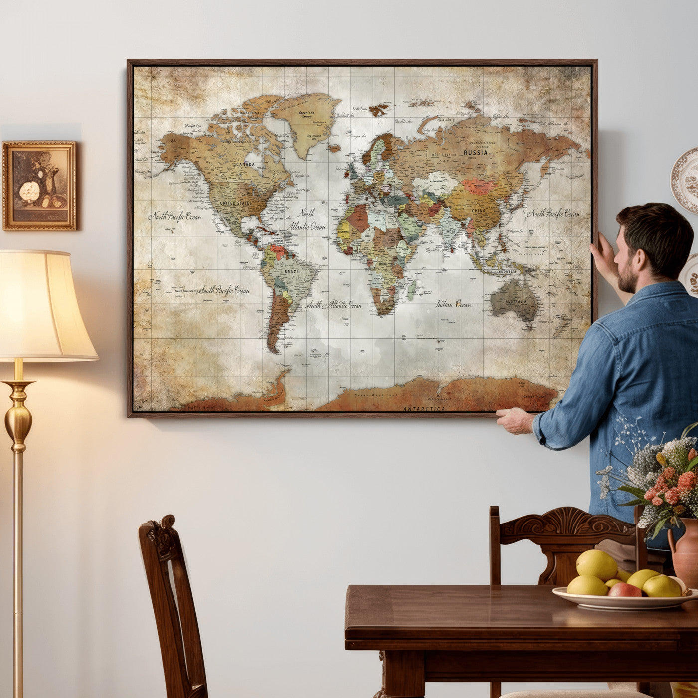 World Map Wall Art Canvas Print, Modern Decorative Framed Map Artwork Prints for Living Room, Office, Bedroom Wall Decor